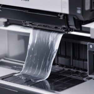 Close-up of an Epson printer print head during a cleaning cycle, showing ink spraying out, with a blurred background of a printer panel.