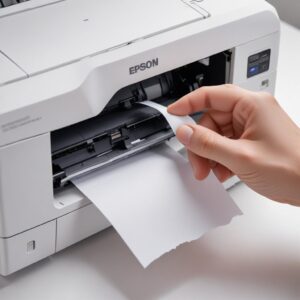 Close-up of an open Epson printer, showing a hand carefully removing a small piece of jammed paper from the paper feed roller.