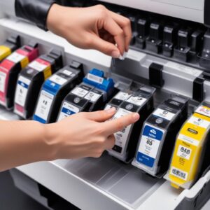 Close-up of different types of printer ink cartridges and refillable ink bottles, with a hand pointing to the cost-per-page information on a small display or label. Illustrates ink cost and capacity considerations.