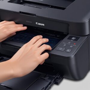 Close-up of the Canon Pixma G4010 printer's control panel with its LCD screen, showing a user easily navigating through menus with fingers.