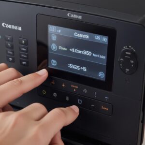 Close-up of the Canon Pixma TS5150's control panel and 1.5-inch LCD screen, with a hand navigating the intuitive buttons, emphasizing ease of use and quick setup.