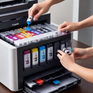 Close-up of the Canon Printer All In One G3010's MegaTank ink system, showing bottles of colorful ink being refilled into the clear ink tanks, emphasizing its cost-saving and user-friendly design.