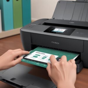 Close-up of the HP Officejet 250 Mobile All-in-One printer's touchscreen display, showing options for print, scan, and copy. A hand is gently tapping the screen. The background is slightly blurred to focus on the printer interface.