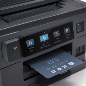 Close-up of the control panel and display of the HP Smart Tank 580 All-in-One Printer, showing various intuitive buttons for copying, scanning, and Wi-Fi connectivity. The buttons are clearly labeled with simple icons, emphasizing user-friendliness.