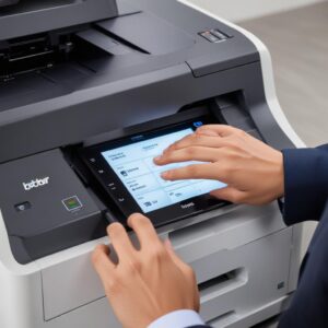 Close-up shot of a Brother Color Laser Printer's control panel, showing a user interacting with the touchscreen for scanning documents.