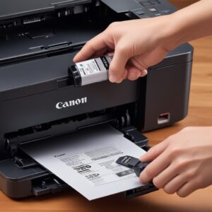 Close-up shot of a hand carefully pouring a Canon GI-790 ink bottle into the designated ink tank of a Canon Pixma G2010 printer. The process looks clean and easy.