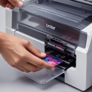 Close-up shot of a hand easily pouring ink from a Brother InkBenefit bottle into the printer's transparent ink tank, highlighting the spill-free design. The printer is partially visible, showing its simple control panel.