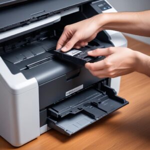 Close-up shot of a hand easily replacing a toner cartridge in a Printer Scanner All In One Laser. The cartridge is black, and the interior of the printer is clean and well-lit.