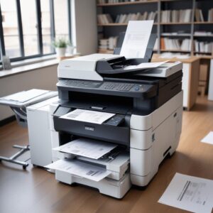 Close-up shot of a modern High Volume All In One Printer with a large touchscreen display, printing documents rapidly, with stacks of paper ready for input. The printer looks sleek and professional, suitable for an office environment.