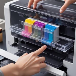 Close-up shot of an Epson EcoTank printer, showing the transparent ink tanks filled with colorful ink, with a hand pointing to the ink level. The printer should look modern and compact.