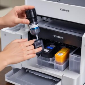 Close-up shot of the Canon G7020 All-in-One Printer's MegaTank ink filling process. A hand is carefully inserting an ink bottle into one of the designated tank openings, with the anti-spill design clearly visible. The other ink tanks are partially filled, showing the vibrant colors. The background is slightly blurred to keep focus on the ink filling.