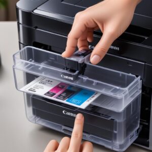 Close-up shot of the Canon Pixma G3290 All In One Printer's transparent ink tanks, clearly showing the vibrant ink levels. A hand is gently holding an ink bottle, ready to refill, emphasizing the ease of the MegaTank system.
