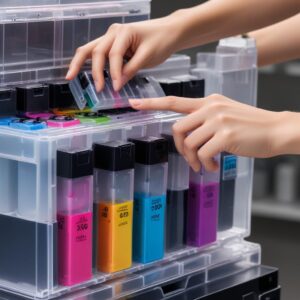 Close-up shot of the ink tanks of the Canon Maxify Megatank GX7060, showing the transparent tanks filled with colorful inks and a hand refilling one of the tanks with an ink bottle.