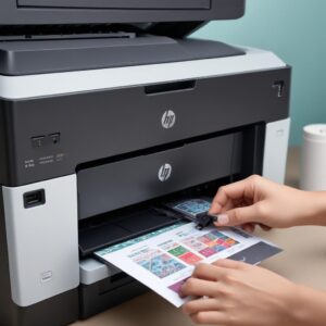 Close-up sistem tangki tinta Printer All In One HP Smart Tank 580, menunjukkan botol tinta yang sedang mengisi tangki dengan rapi tanpa tumpah, dengan warna-warna tinta yang jelas terlihat.