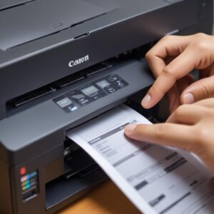 Close-up tangan sedang menyentuh layar sentuh pada panel kontrol All In One Canon Printer All In One, menunjukkan kemudahan penggunaan. Latar belakang blur sebuah kantor atau rumah.