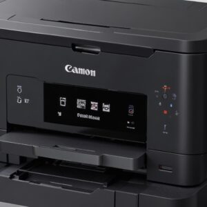 Close-up view of the Canon Pixma TS3350 All-in-One Printer Zwart showing its compact design and control panel, with a focus on the black color and the Canon logo.