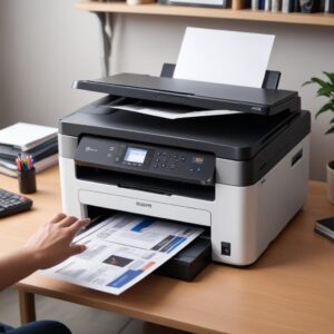 Dua jenis printer berdampingan: satu printer all-in-one yang terlihat lebih besar dengan flatbed scanner di atasnya, dan satu printer regular yang lebih kecil dan ramping. Ada ikon-ikon kecil di atas masing-masing printer yang menunjukkan fungsinya (print/scan/copy vs print saja).