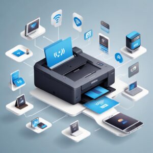 Illustration showing various connectivity icons (Wi-Fi, Ethernet, USB, Mobile Printing) floating around a High Volume All In One Printer, emphasizing its versatile connection options. A smartphone icon is shown printing to the printer wirelessly.