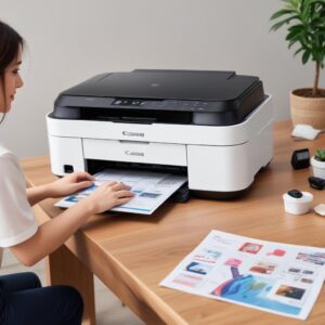 Ilustrasi Canon G3260 All In One Printer berwarna putih di atas meja dengan dokumen yang sedang dicetak, menunjukkan fungsi multifungsinya.