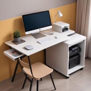 Ilustrasi meja kerja minimalis dengan printer compact all in one modern di sudutnya, laptop, dan beberapa dokumen yang rapi. Estetika bersih dan fungsional.