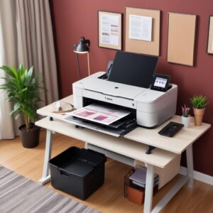 Ilustrasi meja kerja modern dengan All In One Canon Printer All In One yang ramping di sudut, laptop terbuka, dan beberapa dokumen rapi. Warna cerah, fokus pada kepraktisan dan efisiensi.