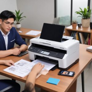 Ilustrasi meja kerja yang rapi dengan satu perangkat multifungsi Printer All In One di tengahnya, dikelilingi oleh laptop, smartphone, dan beberapa dokumen yang sudah tercetak, menunjukkan efisiensi ruang.