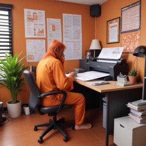 Ilustrasi orang sedang mencetak dokumen dengan ekspresi senang, dengan background kantor atau rumah yang rapi. Di depannya ada printer modern.