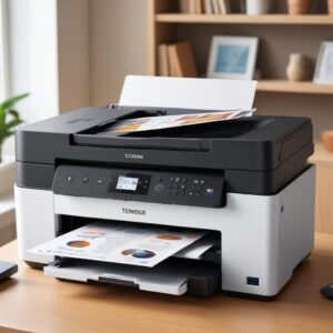 Ilustrasi printer All-in-One modern dengan layar sentuh, menunjukkan fungsi cetak, scan, dan copy. Tampilan minimalis dan bersih, cocok untuk kantor rumahan.