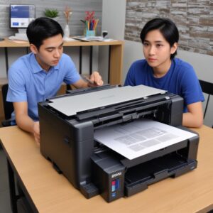 Ilustrasi printer Epson L3210 AIO yang modern dan ringkas di meja kerja dengan dokumen dan tinta di sekitarnya.