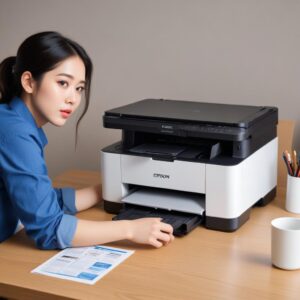 Ilustrasi sebuah printer Epson EcoTank L121 yang ringkas di atas meja kerja minimalis, dengan beberapa botol tinta isi ulang di sebelahnya, menunjukkan efisiensi dan hemat biaya.