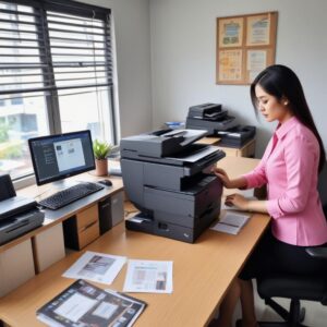 Ilustrasi seorang karyawan pria dan wanita sedang tersenyum dan bekerja di meja kantor yang rapi, dengan printer multifungsi modern di latar belakang. Ruangan kantor tampak cerah dan profesional.