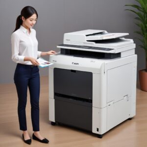 Ilustrasi seorang pekerja kantoran yang tersenyum lega di samping sebuah Canon Printer All In One Laserjet modern, dengan tumpukan dokumen yang sudah dicetak rapi. Warna cerah dan suasana profesional.