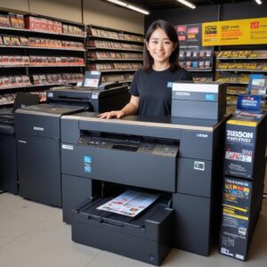 Ilustrasi seseorang sedang mencari printer di toko elektronik besar seperti JB Hi-Fi, dengan banyak printer Epson EcoTank yang dipajang.