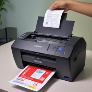 Ilustrasi tangan sedang mengecek printer Epson yang lampu indikatornya berkedip merah bergantian, dengan beberapa kertas yang tersangkut di jalur kertas, menunjukkan masalah fisik yang umum.