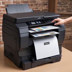 Perbandingan visual antara sebuah printer Inkjet dan sebuah printer Laser All In One, dengan ikon-ikon yang menyoroti perbedaan utama mereka (misalnya, tinta warna-warni untuk Inkjet, tumpukan kertas untuk Laser).