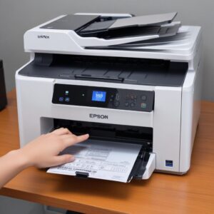 Printer Epson dalam kondisi baik, mencetak dokumen dengan lancar, dan sebuah tangan menunjukkan jempol ke atas sebagai simbol keberhasilan, di latar belakang meja kerja yang rapi.