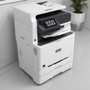 Sebuah Canon Printer All In One Laserjet diletakkan di sudut ruangan kantor yang bersih dan minimalis, dikelilingi oleh tanaman hias kecil. Menunjukkan desain yang kompak dan modern.