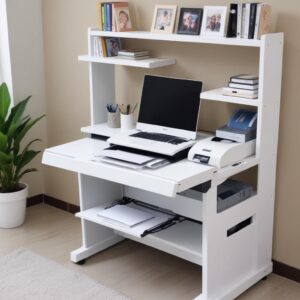 Sebuah meja kerja minimalis dengan sebuah printer all-in-one berwarna putih yang ringkas, beberapa dokumen, dan sebuah laptop. Menunjukkan konsep hemat ruang.