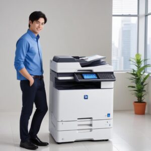 Sebuah printer multifungsi Konica Minolta modern berwarna putih-abu, diletakkan di atas meja kantor yang rapi dengan beberapa dokumen dan laptop di sekitarnya, menunjukkan kemampuannya sebagai perangkat all-in-one.