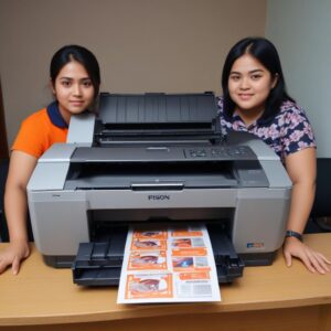 Sekelompok orang (pelajar, pekerja kantoran, keluarga) tersenyum bahagia menggunakan printer Epson mereka di rumah atau kantor, mencetak dokumen dan foto.