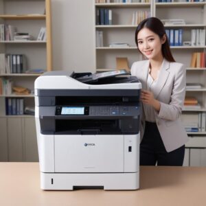 Seorang pekerja kantor tersenyum puas menggunakan Konica All In One Printer, dengan tumpukan dokumen yang baru dicetak di satu sisi dan proses scanning di sisi lain, mengisyaratkan efisiensi dan peningkatan produktivitas kerja.