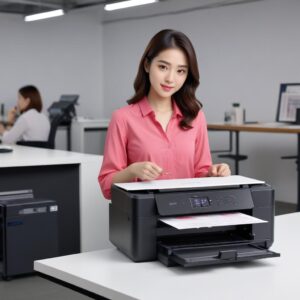 Seorang pria atau wanita tersenyum puas di depan printer Epson L3210 yang sedang mencetak dokumen dengan lancar, menunjukkan produktivitas dan kepuasan.