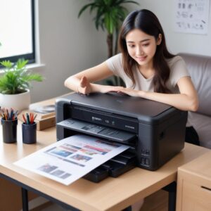 Seorang pria muda sedang membandingkan dua kotak printer, satu bertuliskan'Epson EcoTank' dan yang lainnya'Canon Pixma MegaTank'. Di latar belakang terlihat meja kerja dengan laptop dan beberapa dokumen. Pencahayaan cerah dan warna-warni ceria.