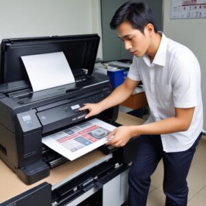 Seseorang sedang melakukan head cleaning pada driver printer Epson yang terlihat di layar komputer, dengan printer itu sendiri di sampingnya.