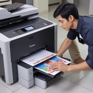 Seseorang sedang melakukan pembersihan ringan pada Printer All In One Printer mereka, menyeka bagian luar dengan kain lembut, menunjukkan aktivitas perawatan rutin.