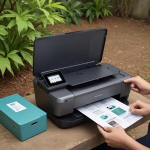 Seseorang sedang memegang HP Officejet 150 Mobile All-in-One di satu tangan dan smartphone di tangan lain, menunjukkan kemudahan portabilitas dan konektivitas. Latar belakang outdoor atau taman.
