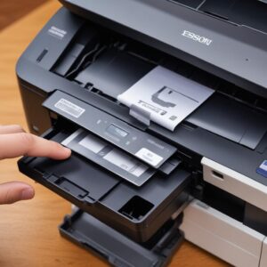 Tampilan close-up dari aplikasi Adjustment Program di layar komputer, dengan opsi'Waste Ink Pad Counter' yang dipilih dan tombol'Initialization' yang sedang diklik. Di sampingnya, terlihat sebagian printer Epson L6270 yang sedang terhubung.