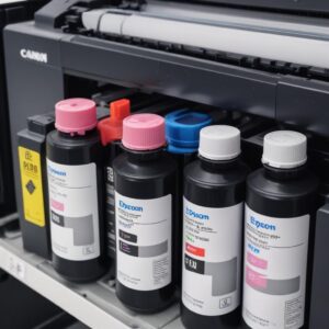 Tampilan close-up dari berbagai jenis cartridge toner dan botol tinta printer original dari merek-merek populer seperti HP, Epson, Canon, dan Brother, tersusun rapi di etalase toko.
