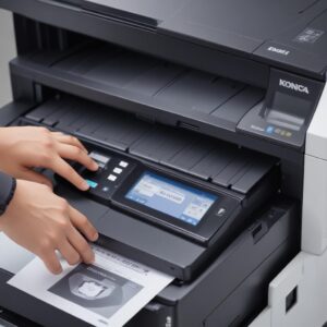 Tampilan close-up panel kontrol layar sentuh pada Konica All In One Printer, menampilkan antarmuka pengguna yang intuitif dan beberapa opsi menu untuk cetak, scan, dan copy, dengan latar belakang suasana kantor yang sibuk.
