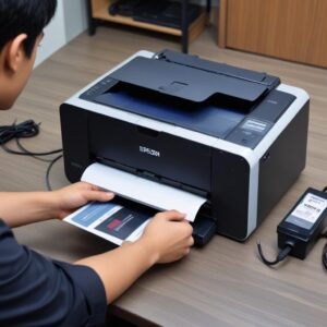 Tangan sedang membuka kardus printer Epson baru, menunjukkan isinya seperti kabel, tinta, dan printer itu sendiri. Latar belakang ruangan kantor yang rapi.